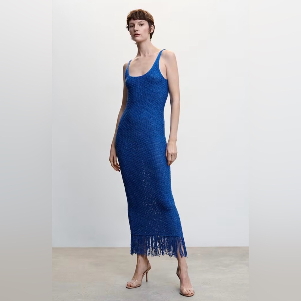 Mango blue crochet maxi dress with fringe